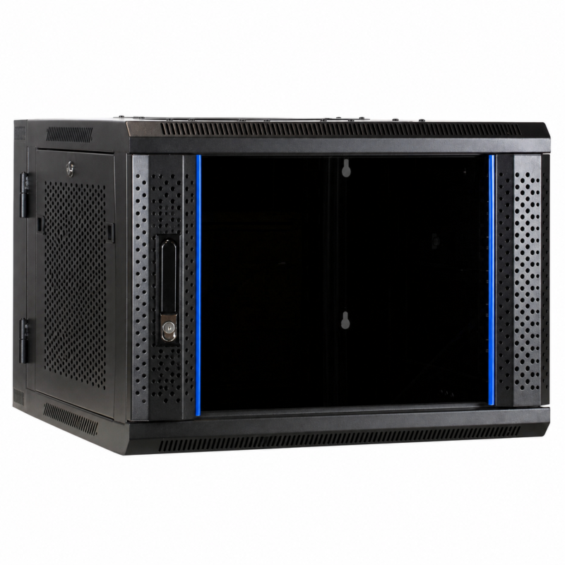 6U wandkast (kantelbaar) met glazen deur en geperforeerde zijwanden 600x600x368mm (BxDxH)